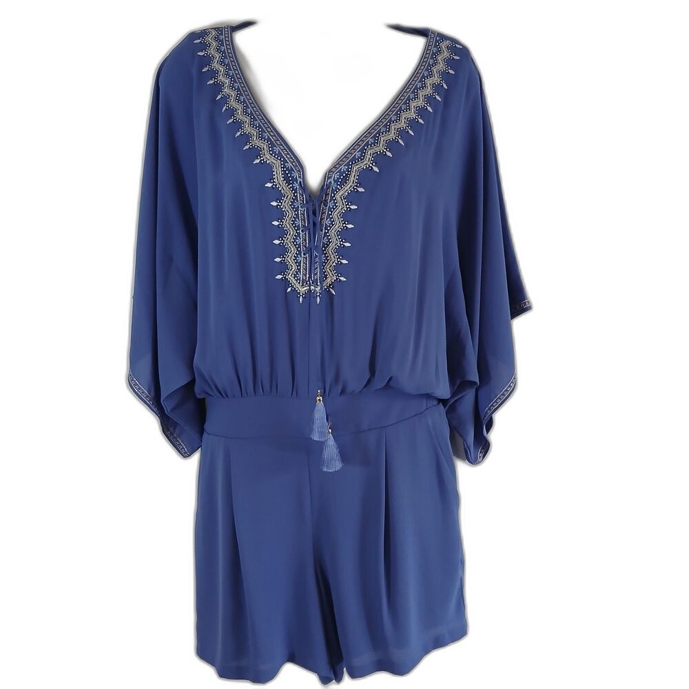 White House Black Market Romper Blue Tassel Sz 4 Casual Travel Work Party Preppy